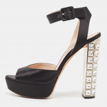 Pre Owned Miu Miu Black Satin Ankle Strap Crystal Heel Sandals Size 38