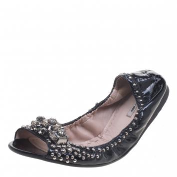Pre Owned Miu Miu Black Studded Patent Leather Crystal Embellished Peep Toe Ballet Flats Size 38