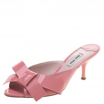 Pre Owned Miu Miu Blush Pink Patent Leather Bow Mules Size 36.5