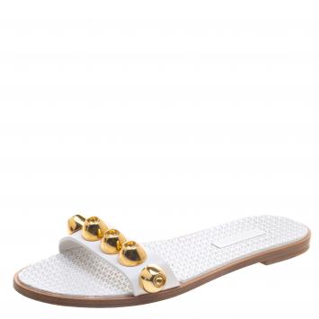 Pre Owned Miu Miu White Studded Leather Flat Slides Size 36.5