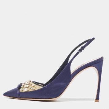 Pre Owned Miu Miu Navy Blue Satin and PVC Crystal Embellished Slingback Pumps Size 40