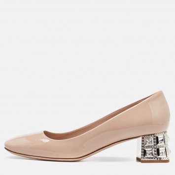 Pre Owned Miu Miu Pink Patent Leather Crystal Embellished Heel Pumps Size 37.5