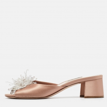 Pre Owned Miu Miu Light Pink Satin Crystal Embellished Slide Sandals Size 38