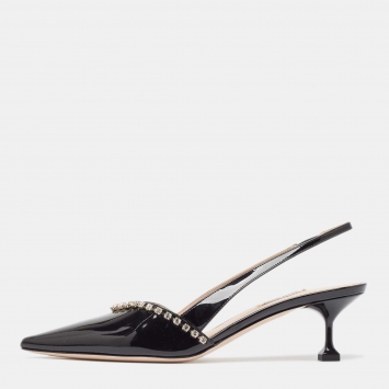 Pre Owned Miu Miu Black Patent Crystal Embellished Pumps Size 41