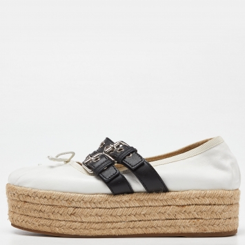 Pre Owned Miu Miu White/Black Leather Mary Jane Bow Platform Espadrille Ballet Flats Size 38