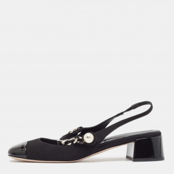 Pre Owned Miu Miu Black Canvas and Patent Leather Chain Detail Slingback Pumps Size 39