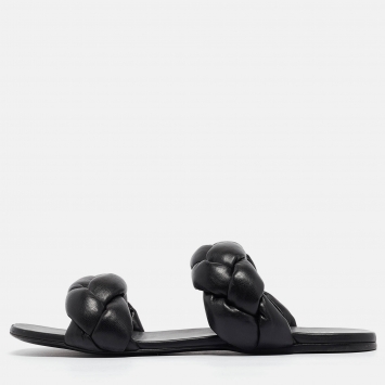 Pre Owned Miu Miu Black Woven Leather Flat Slides Size 39.5 