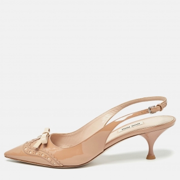 Pre Owned Miu Miu Beige Brogue Patent Leather Bow Slingback Pumps Size 40