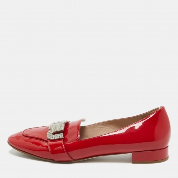 Pre Owned Miu Miu Red Patent Leather Crystal Embellished Logo Slip On Loafers Size 37.5