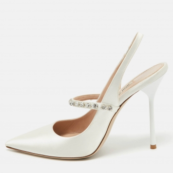 Pre Owned Miu Miu White Satin Crystal Embellished Slingback Pumps Size 38.5