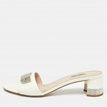 Pre Owned Miu Miu White Patent Leather Logo Crystals Slide Sandals Size 40