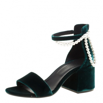 Pre Owned MM6 Maison Margiela Dark Green Velvet Faux Pearl Embellished Ankle Strap Sandals Size 38.5