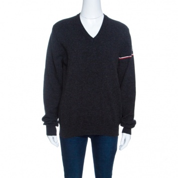Pre Owned Moncler Grey Wool Stripe Detail Ribbed Trim V-Neck Sweater L