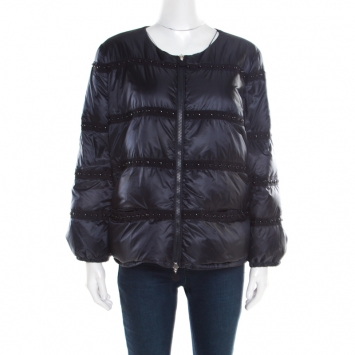 Pre Owned Moncler Navy Blue Bead Embellished Quilted Down Jacket S