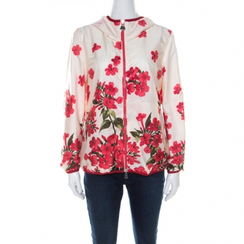 Pre Owned Moncler Cream Floral Printed Hooded Windbreaker Jacket M