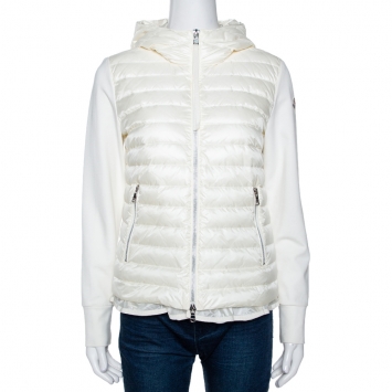 Pre Owned Moncler Off White Down Quilted Ruffled Hem Hooded Jacket M