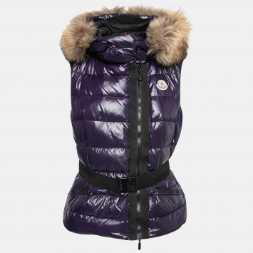 Pre Owned Moncler Purple Synthetic Fur-Trimmed Hooded Down Jacket Vest M