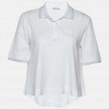 Pre Owned Moncler White Pique Knit Cotton Flared Polo T-Shirt S