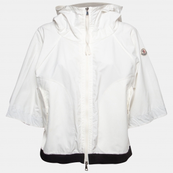 Pre Owned Moncler White Synthetic Zip-Up Hooded Jacket M