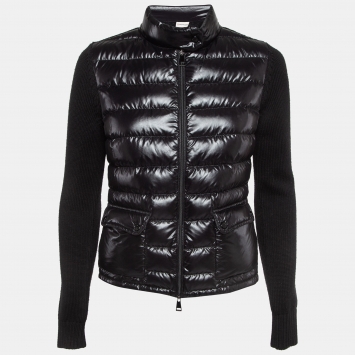 Pre Owned Moncler Black Synthetic Quilted and Wool Knit Zipper Jacket S
