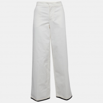 Pre Owned Moncler White Contrast Hem Trim Cotton Wide Leg Trousers M