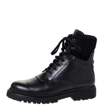 Pre Owned Moncler Black Leather And Wool Combat Boots Size 40