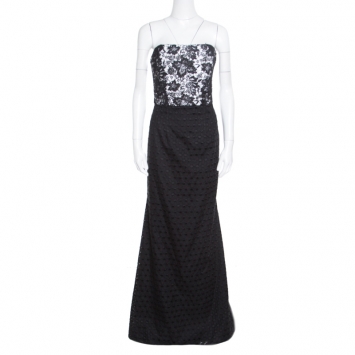 Pre Owned Monique Lhuillier Monochrome Floral Lace Bodice Detail Flared Strapless Gown L