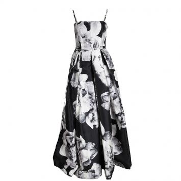 Pre Owned Monique Lhuillier Black Floral Printed Pleated Sleeveless Gown M