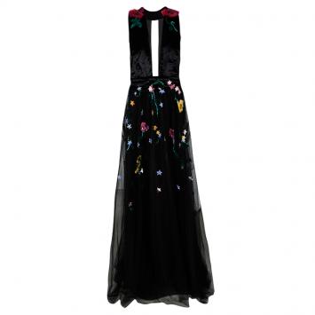 Pre Owned Monique Lhuillier Black Velvet Floral Applique Embroidered Embellished Tulle Gown XL