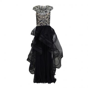 Pre Owned Monique Lhuillier Collection Navy Feather and Sequin Embellished Layered Tulle Gown M