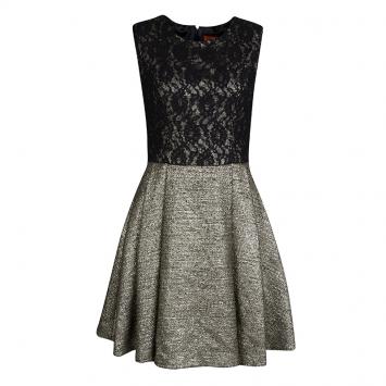 Pre Owned ML By Monique Lhuillier Metallic Lace Detail Sleeveless Fit and Flare Dress S