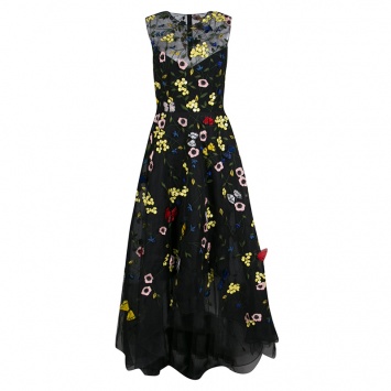 Pre Owned Monique Lhuillier Black Floral and Butterfly Applique High Low Tulle Gown S 