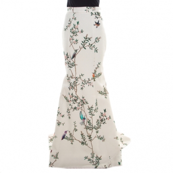 Pre Owned Monique Lhuillier Collection Off White Pebbled Jacquard Bird Print Maxi Skirt M