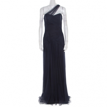 Pre Owned Monique Lhuillier Bridesmaids Navy Blue Draped Tulle One Shoulder Gown M