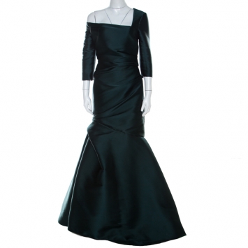 Pre Owned Monique Lhuillier Emerald Green Silk Satin Asymmetric Sleeve Evening Gown M 