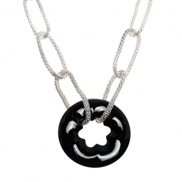 Pre Owned Montblanc Star Collection Onyx & Silver Chain Link Long Necklace