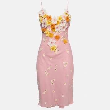 Pre Owned Moschino Cheap and Chic Pink Floral Applique Silk Midi Slip Dress M