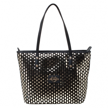 Pre Owned Love Moschino Black and Silver Faux Leather Applique Tote
