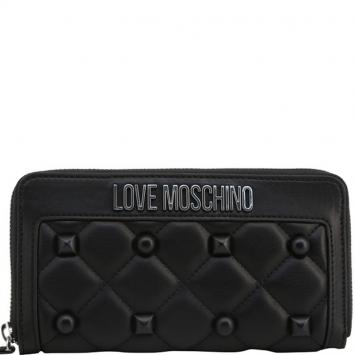 مملوكة مسبقًا Love Moschino Black Quilted Faux Leather Studded Zip Around Wallet