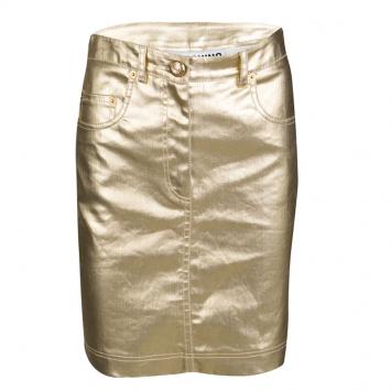Pre Owned Moschino Couture Gold Foil Coated Denim Skirt S