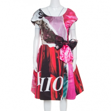 Pre Owned Moschino Couture Multicolor Editorial Print Duchess Bow Detail Cap Sleeve Dress L