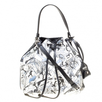Pre Owned Moschino White Printed PVC Sketch Drawstring Hobo