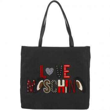 Pre Owned Love Moschino Black Canvas Logo Embroidered Shopping Tote