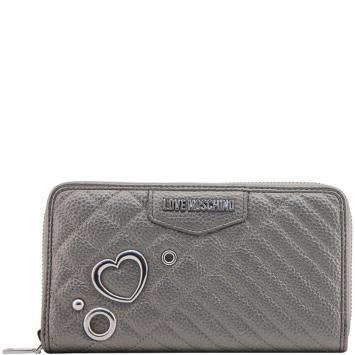 Pre Owned Love Moschino Grey Faux Quilted Leather Zip Around Wallet