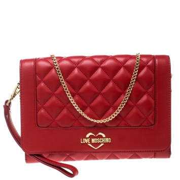 Pre Owned Love Moschino Red Quilted Leather Wristlet Chain Clutch Bag
