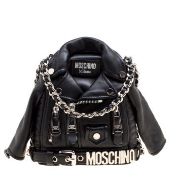 Pre Owned Moschino Black Leather Biker Jacket Shoulder Bag