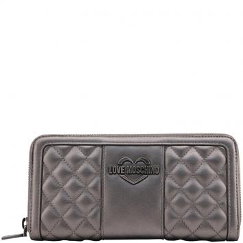 Pre Owned Love Moschino Grey Quilted Faux Leather Zip Around Wallet