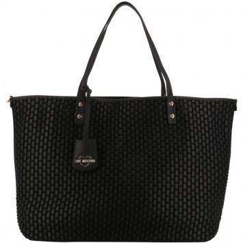 Pre Owned Love Moschino Black Faux Leather Applique Shopping Tote