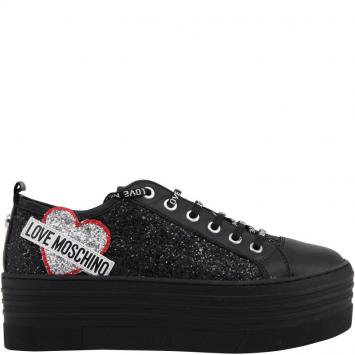 Pre Owned Love Moschino Black Glitter and Leather Platform Sneakers Size 40