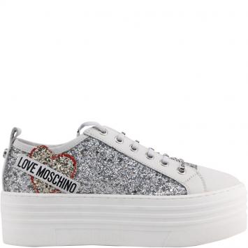 Pre Owned Love Moschino White Glitter and Leather Platform Sneakers Size 39